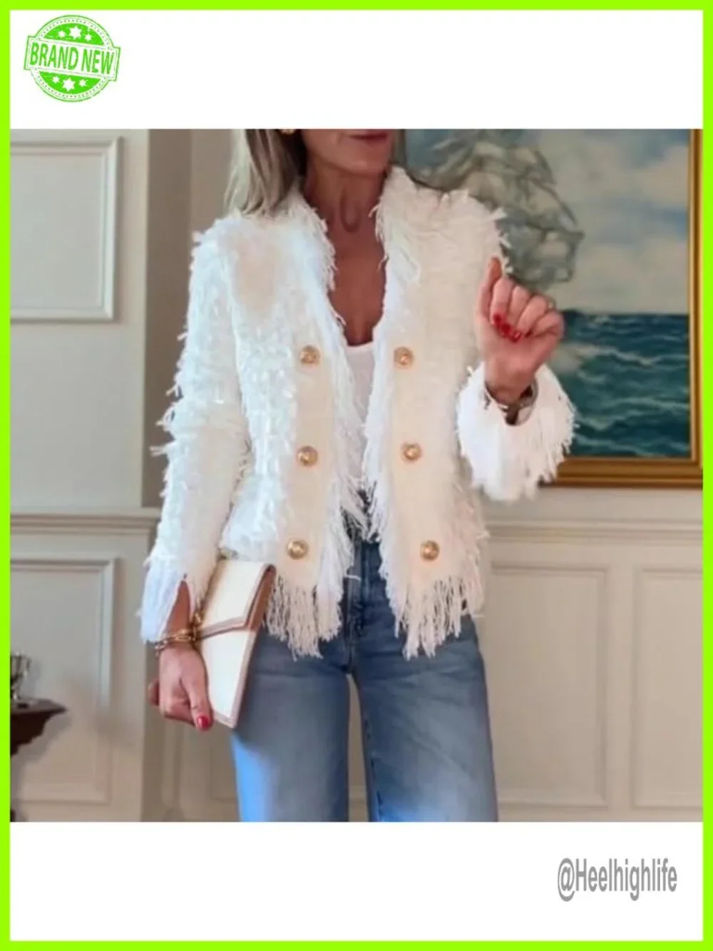 Fringe Cropped Blazer Jacket Tweed Cable Knit Open Front Lightweight Suit